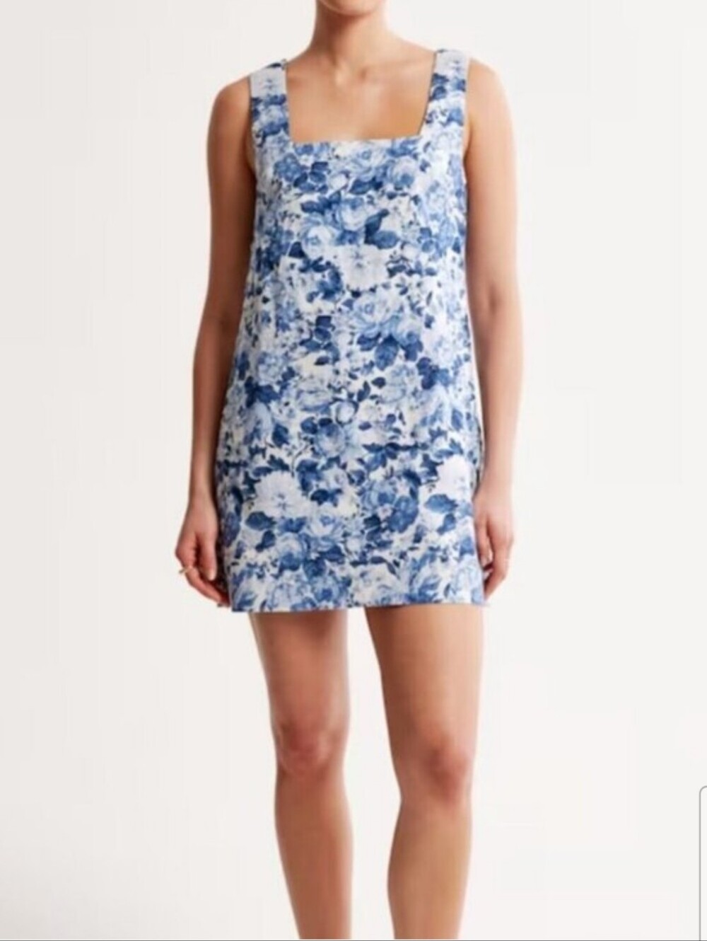 Abercrombie & Fitch Linen Wide Strap Mini Dress Square Neck Blue White XLT - Picture 15 of 16